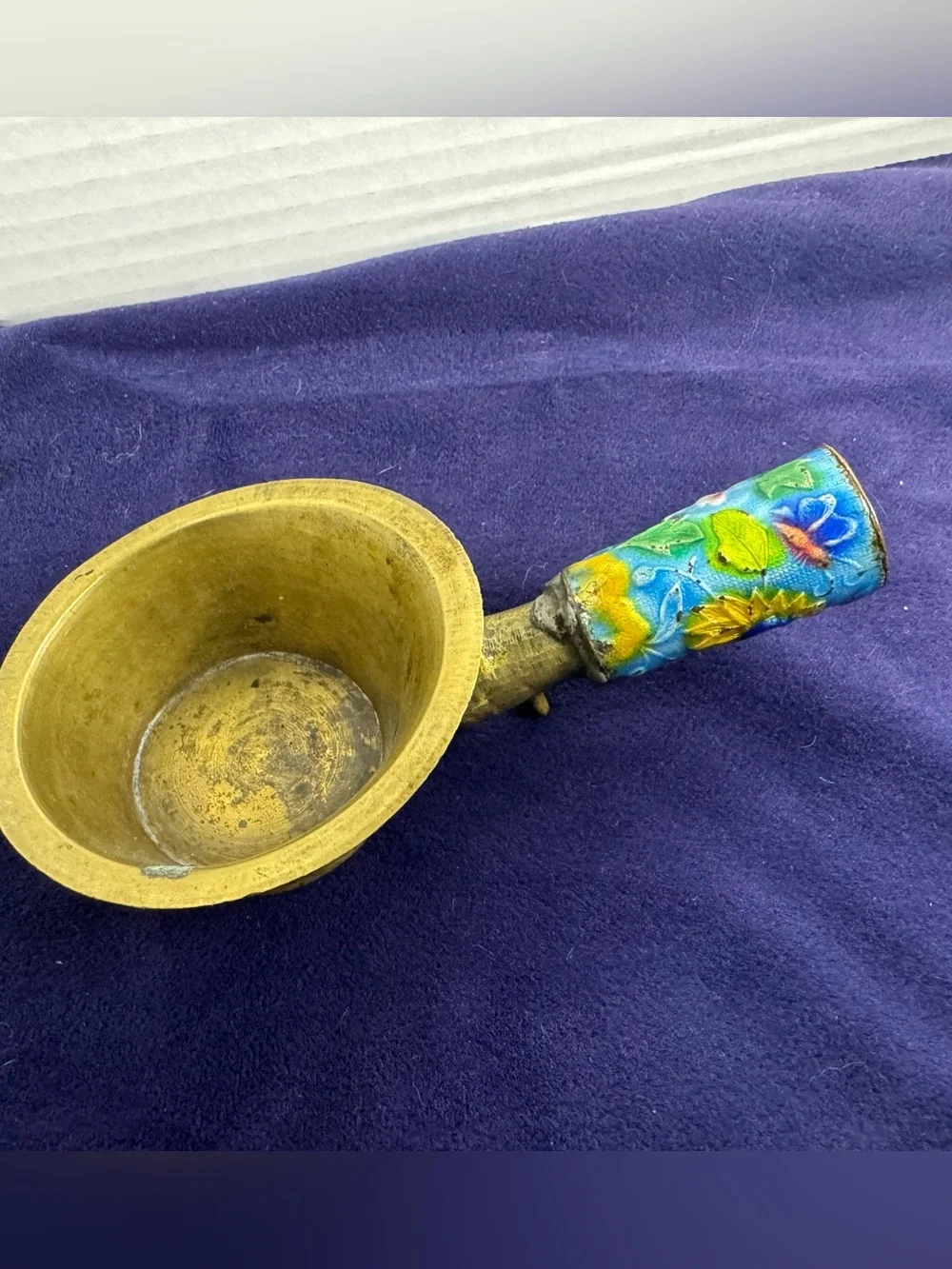 Chinese Vintage Silk Iron Brass Repousse Blue Enamel Floral Detailed Unique